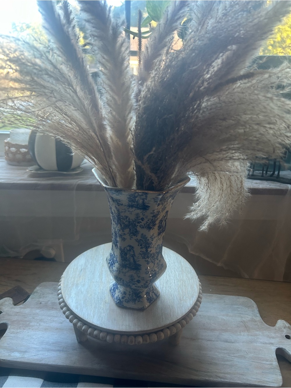 Vintage Baum brothers formalities Blue & White toile Ceramic Vase with Pampas